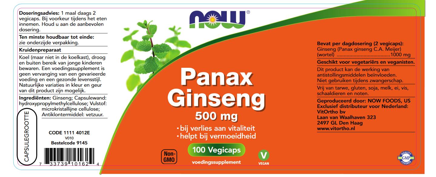 Verloren Rang Golf Panax Ginseng 500mg (NOW Foods) - 100 Capsules - Spiruella.nl